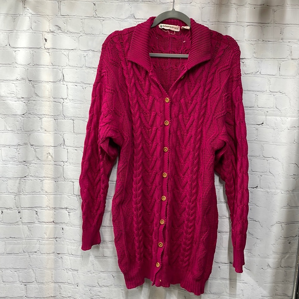 Clean Clothes vintage Cotton cable knit hot pink wood buttons cardigan s…